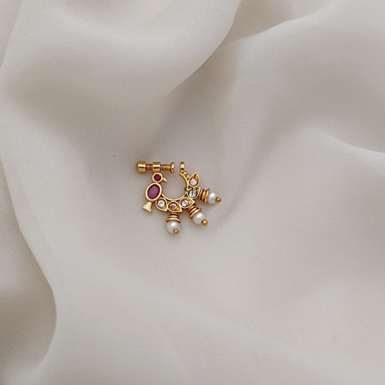 Ruby And White AD Stones Ring And Screw Type Nose Pin