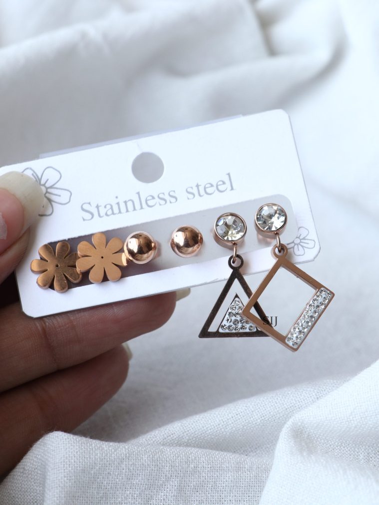 Rose Gold Plated Earrings Combo - 3 Pairs
