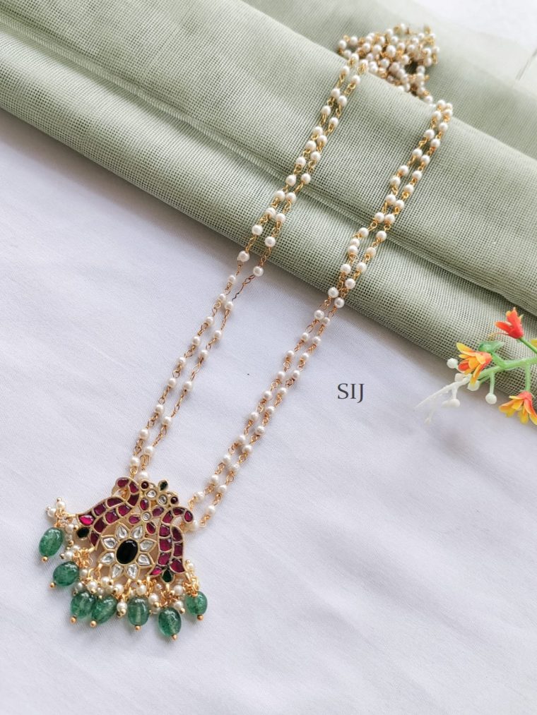 Jadau Peacock Pendant With 2 Layered Pearl Long Necklace