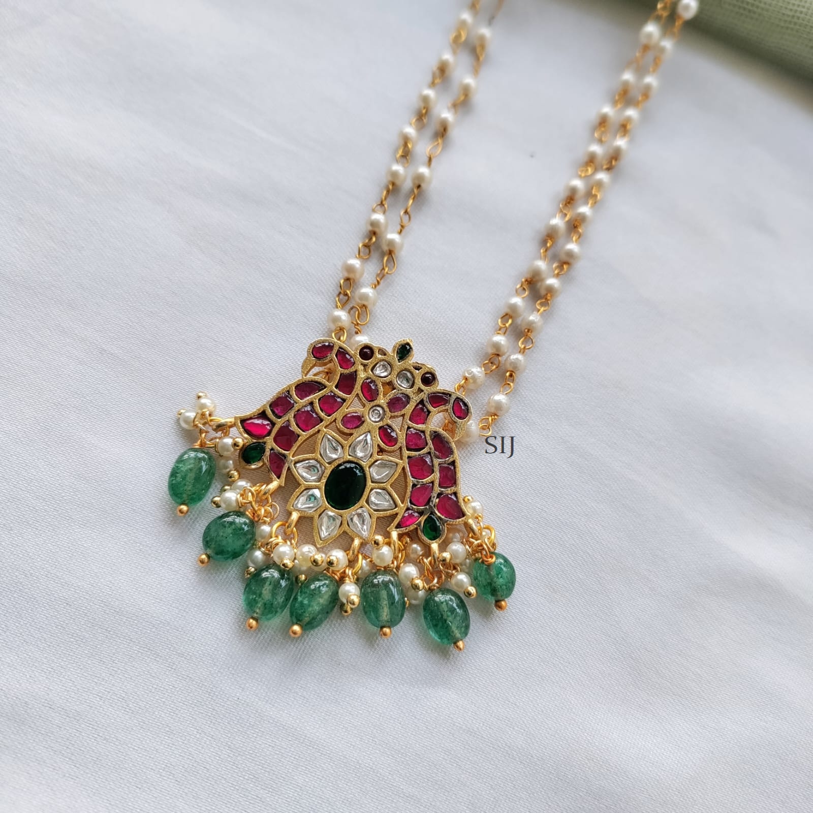 Jadau Peacock Pendant With 2 Layered Pearl Long Necklace Set