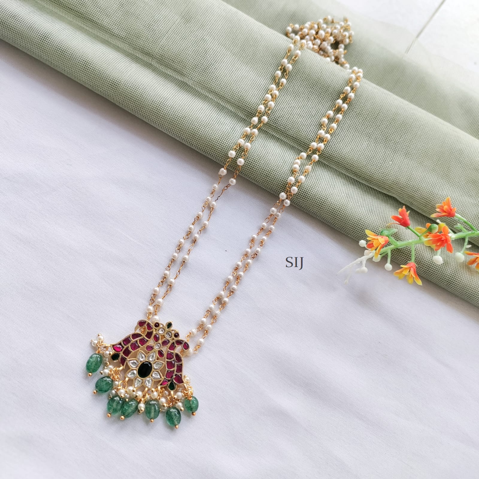 Jadau Peacock Pendant With 2 Layered Pearl Long Necklace