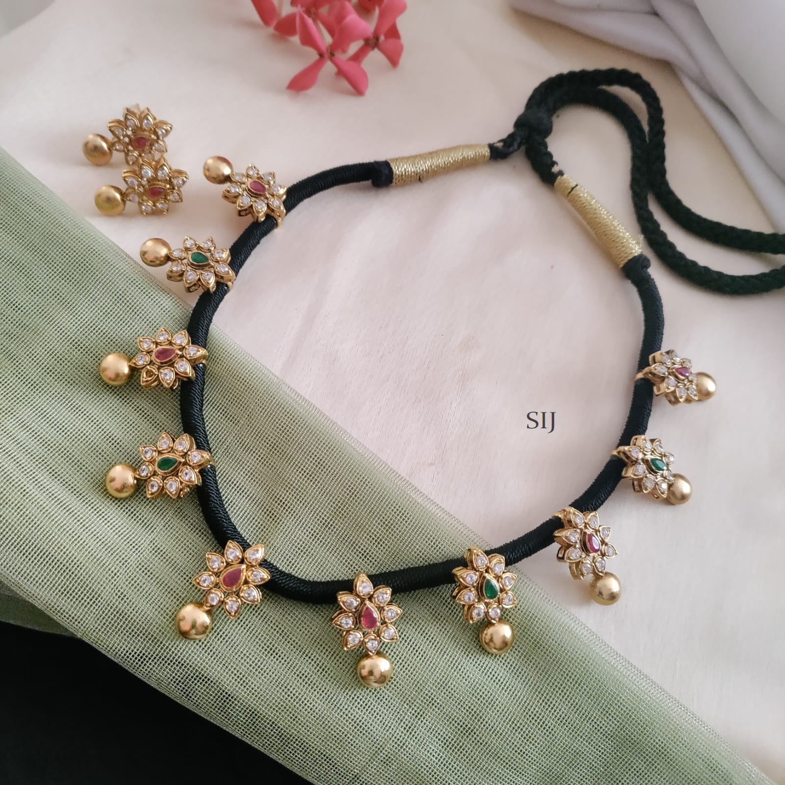 Floral Motif Black Thread Necklace Set