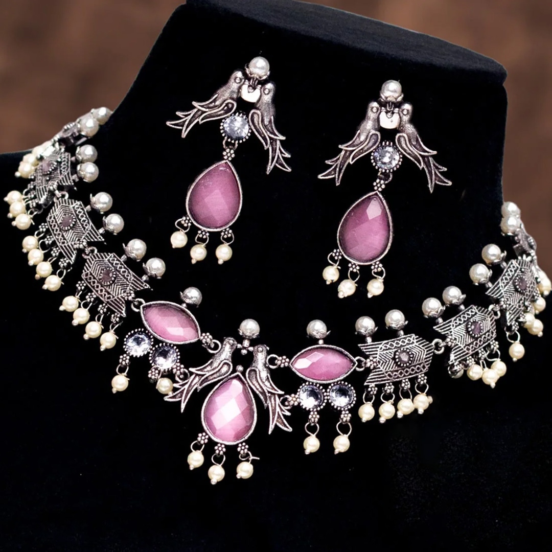 Pink Stone Birds Oxidised Necklace