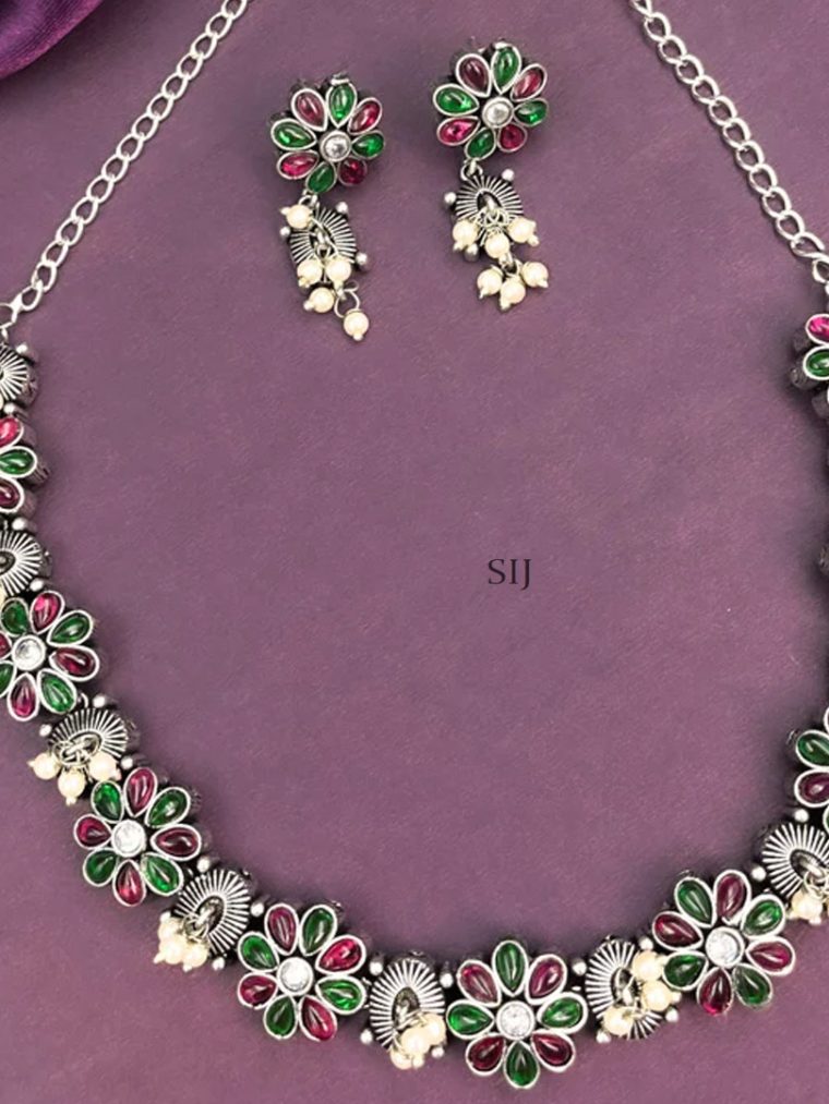 Pink And Green Flower With Hanging Oxidised Necklace