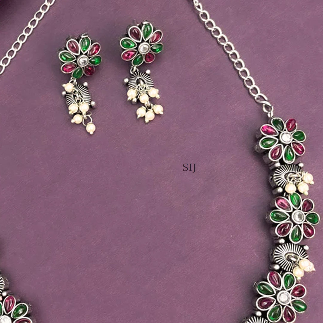 Pink And Green Flower With Hanging Oxidised Necklace
