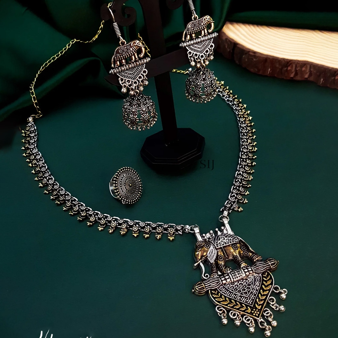 Elephant Dual Tone Oxidised Jewellery Set