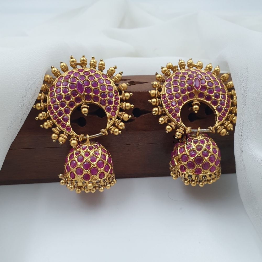 Gold Plated Ruby Pink Stone Chand Bali Jhumkas
