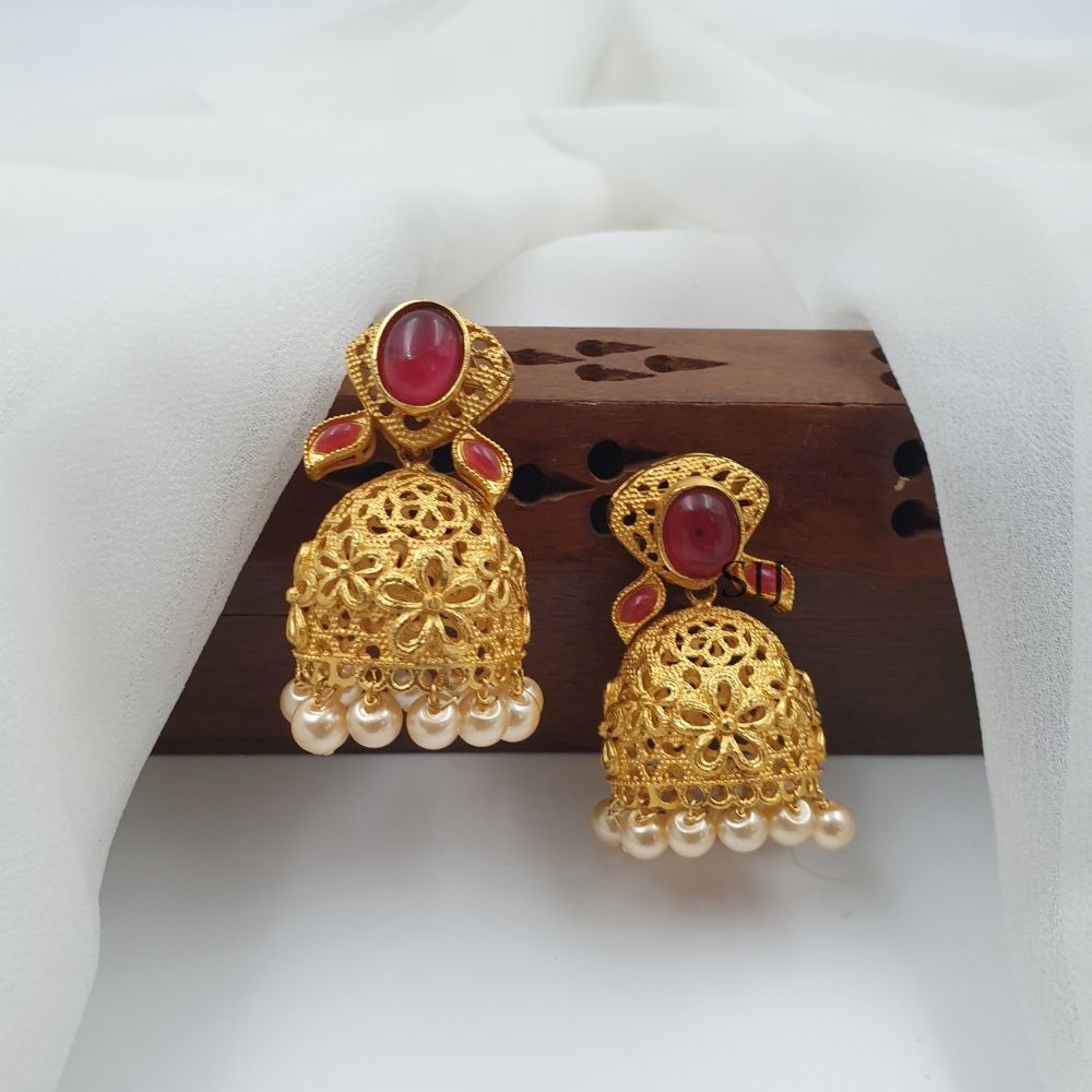 Matte Finish Ruby Red Stone Earrings with Pearl Hanging Jhumkas