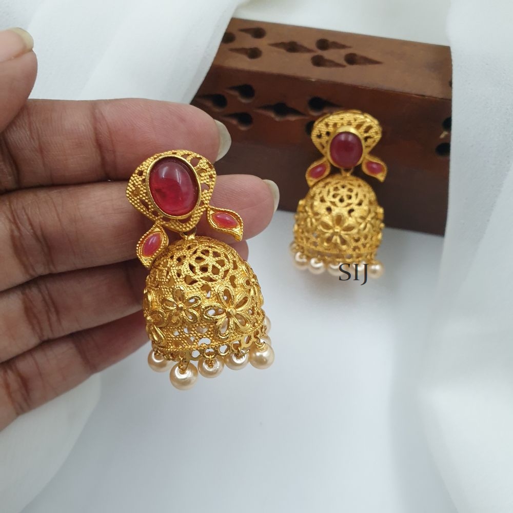 Matte Finish Ruby Red Stone Earrings with Pearl Hanging Jhumkas