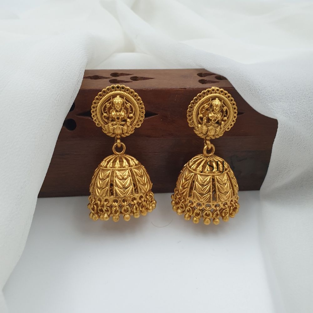 Traditional Lakshmi Earrings with Gold Beads Hanging Jhumkas
