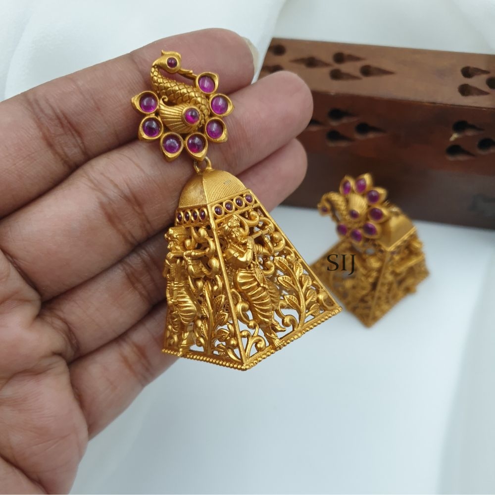 Imitation Peacock Earrings with Lord Krishna Jhumkas