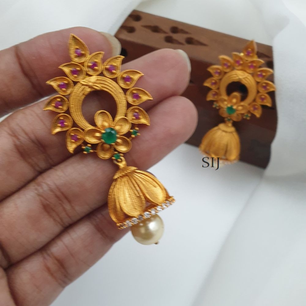 Gold Plated Green and Ruby Floral Jhumkas