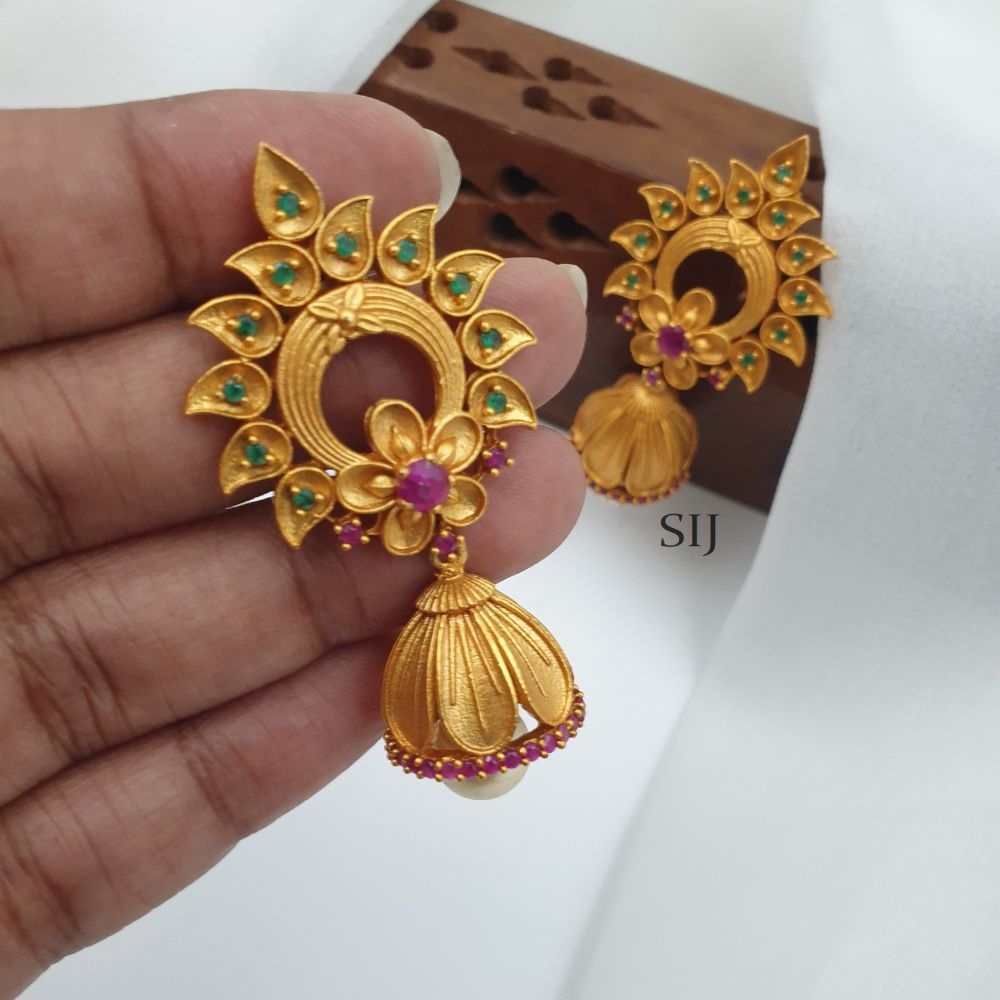 One Gram Gold Ruby and Green Floral Jhumkas