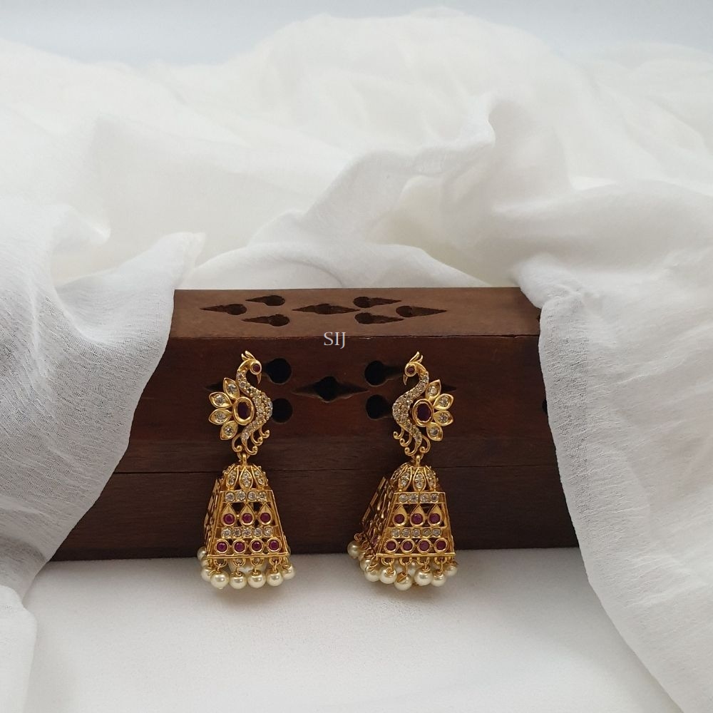 Gold Plated Ruby and White Stone Peacock Jhumkas