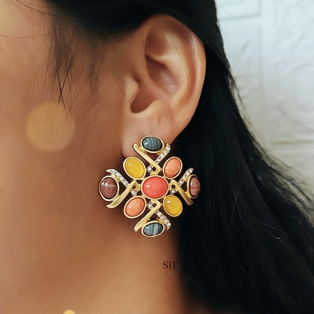 Multicolor Stone Studded Gold Plated Designer Earrings