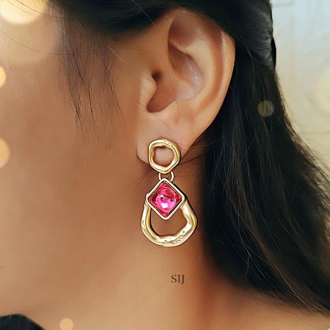 Eccentric Pink Stone Studded Gold Plated Designer Earrings
