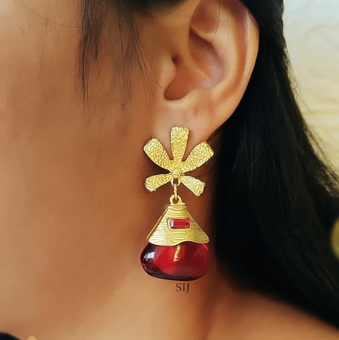 Red Stone Studded Gold Plated Designer Earrings