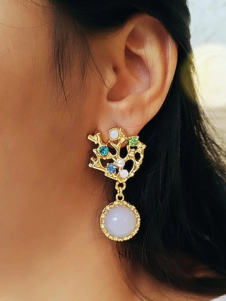 Crooked Shaped Stone Studded Gold Plated Designer Earrings