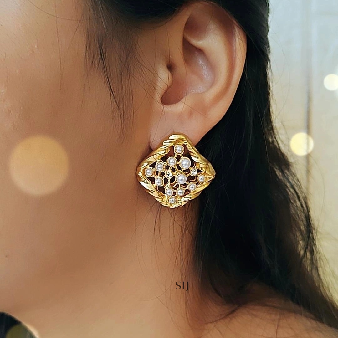Asymmetrical Square Shaped Gold Plated Earrings