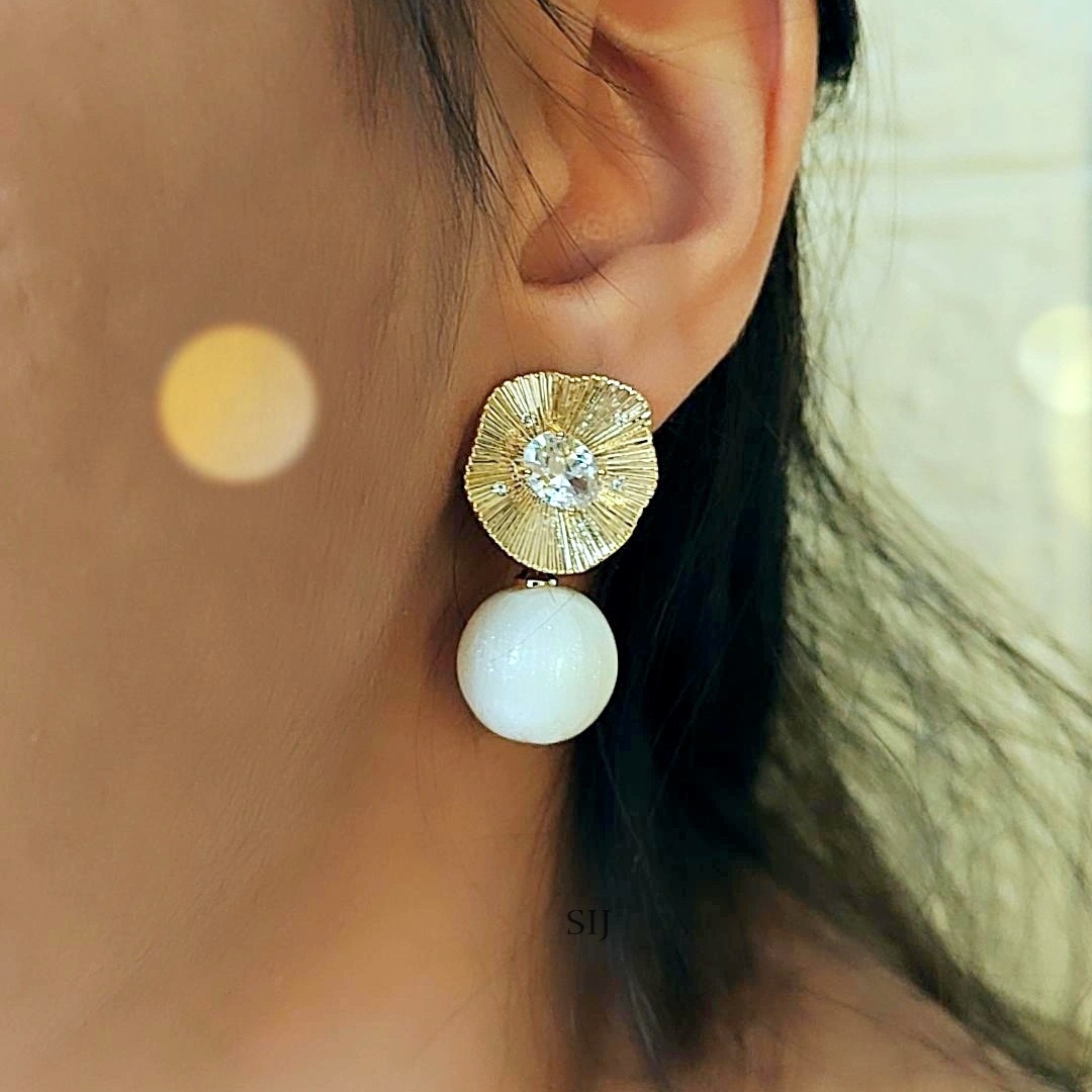 Floral Shape AD Studded Pearl Drop Earrings