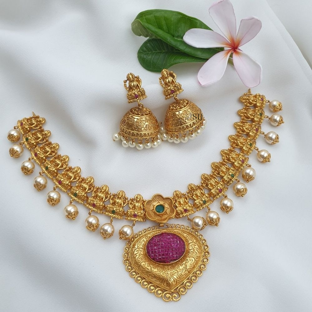 Traditional Lakshmi Motif Necklace with Pearl Hangings