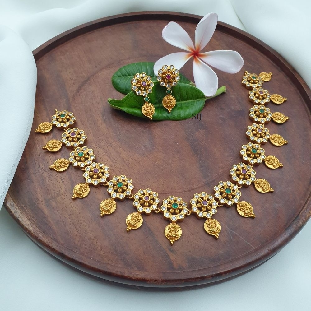 Gold Finish Flower Motifs with Lakshmi Coin Necklace - South India Jewels