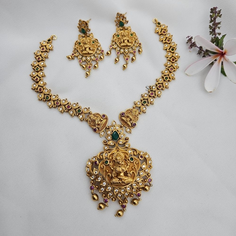 Traditional Multi Stone Lakshmi Pendant Necklace
