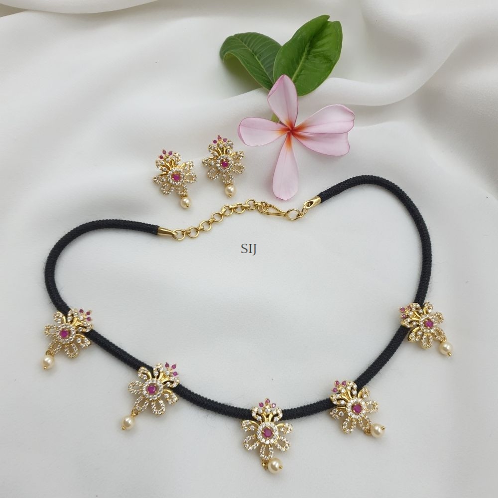 Floral Ruby and White Stones Pendants Black Thread Necklace