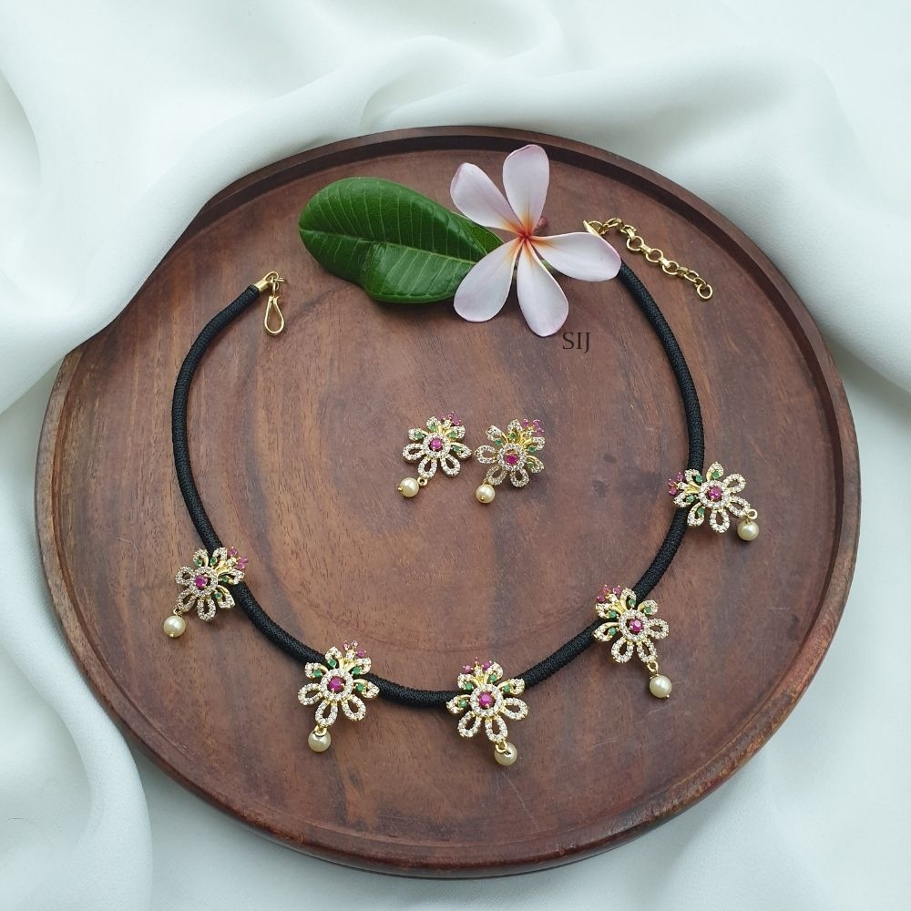 Multi Stones Floral Pendants Black Thread Necklace