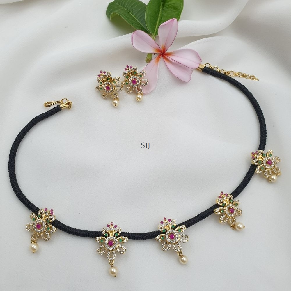 Multi Stones Floral Pendants Black Thread Necklace