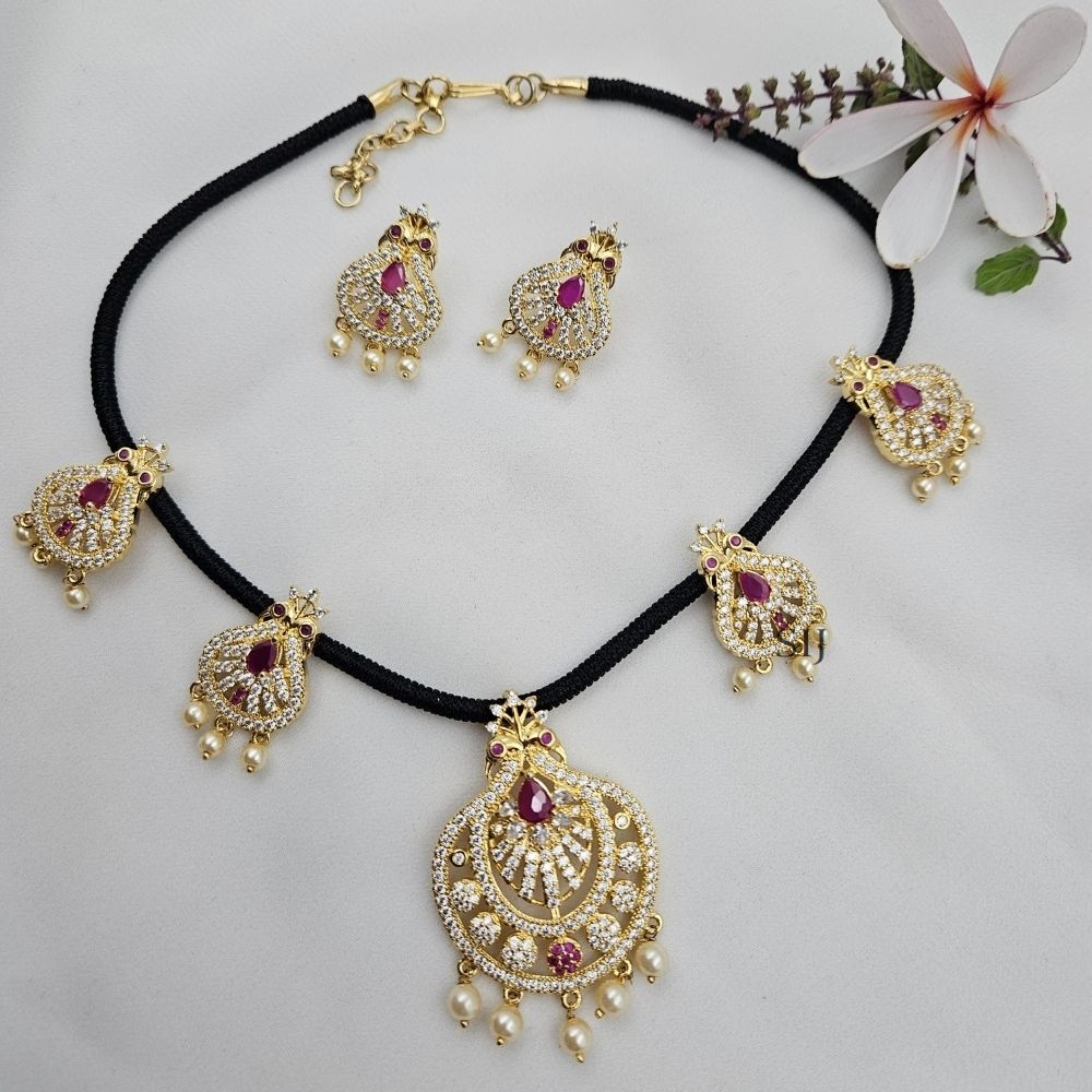 Ruby and White Stone Pendant Black Thread Necklace