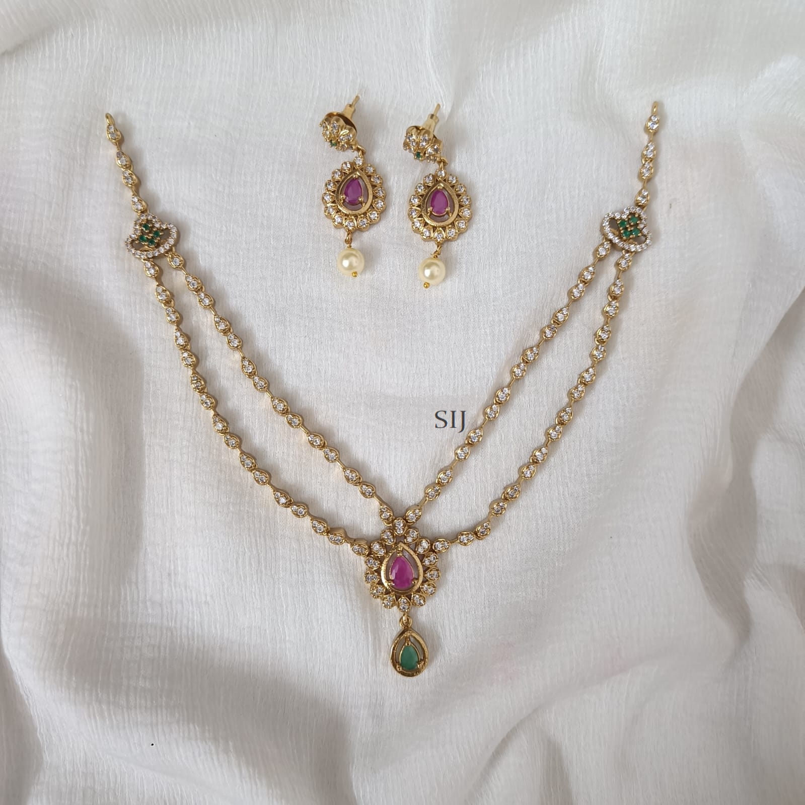 Two Layer Necklace with Earrings - Pink
