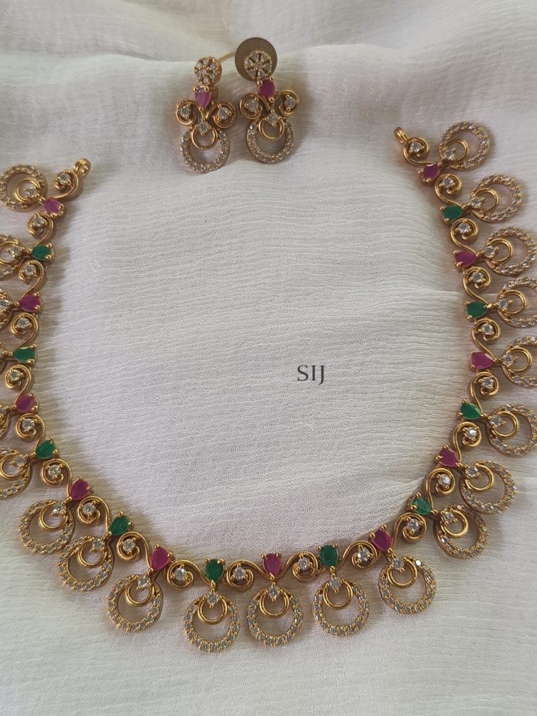 AD Necklace with Earrings - Pink with Green