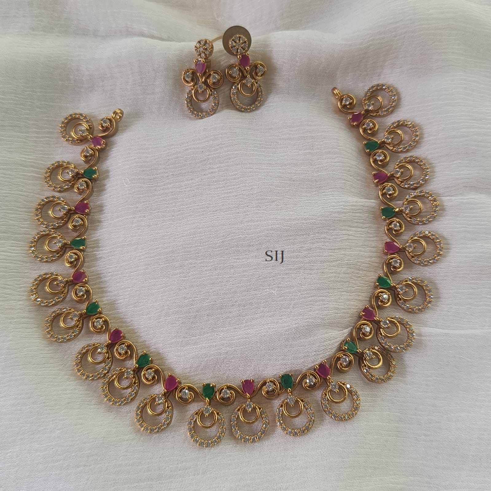 AD Necklace with Earrings - Pink with Green