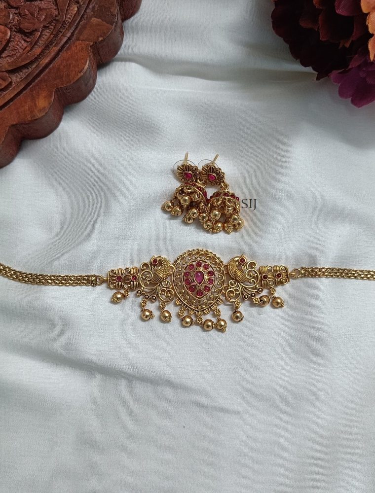 Traditional Dual Peacock Choker with Gold Beads Hangings