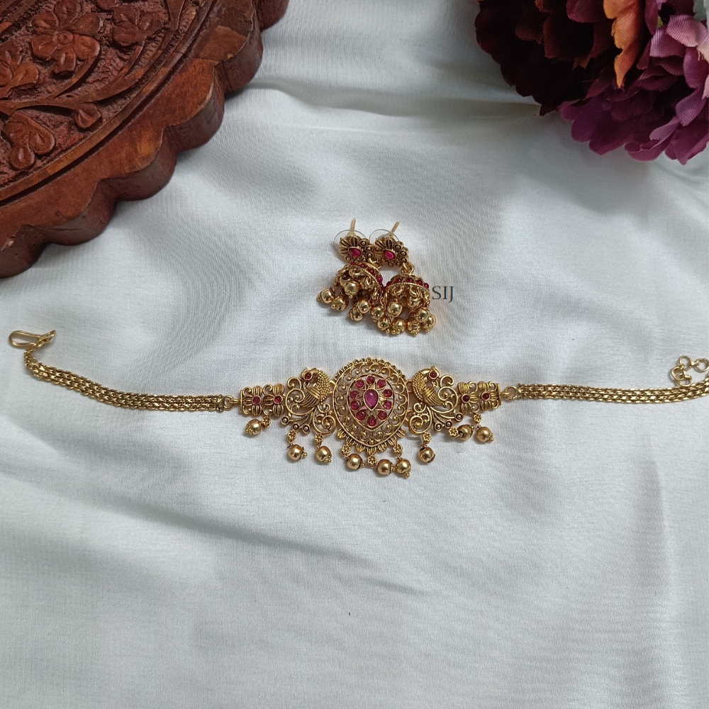 Traditional Dual Peacock Choker with Gold Beads Hangings