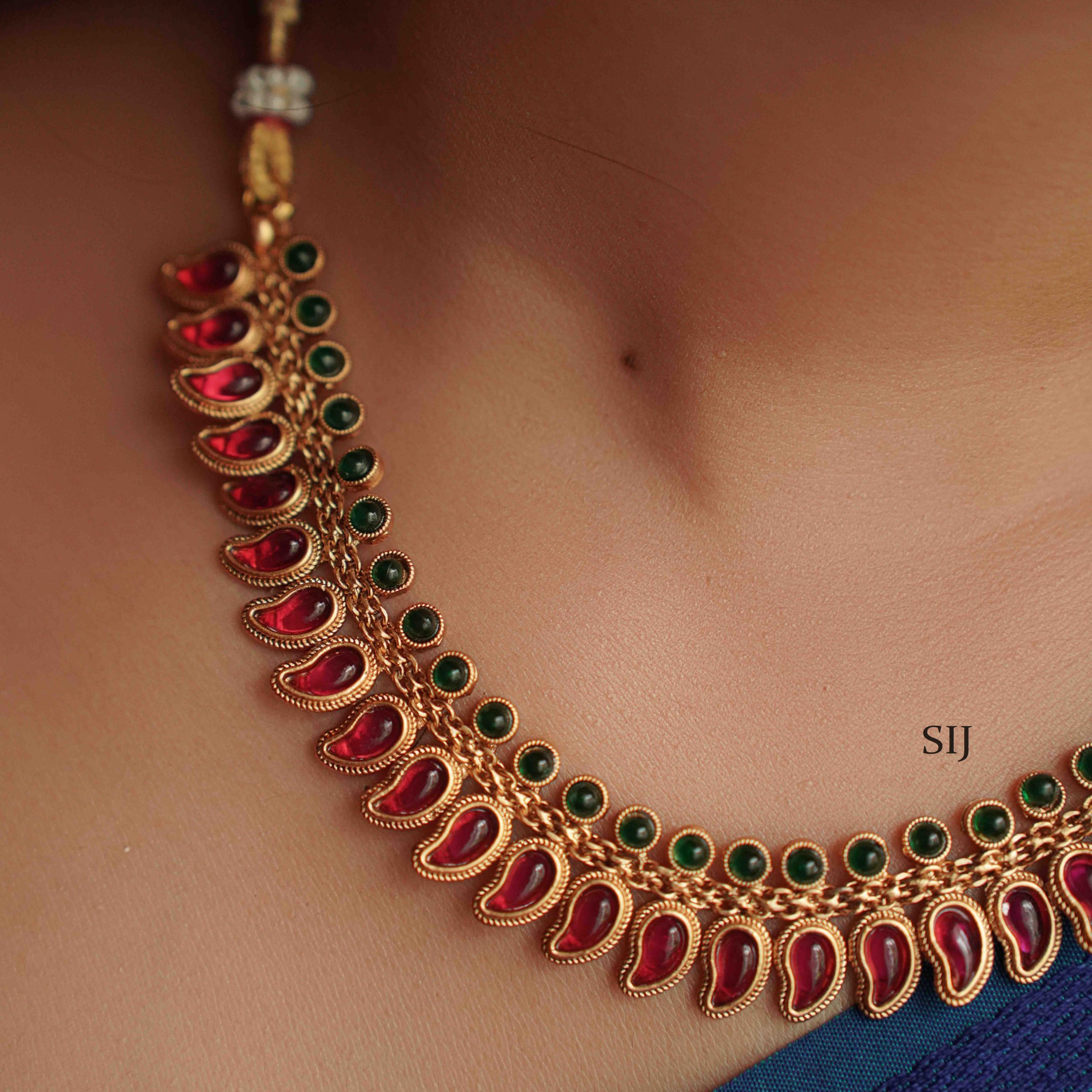 Artificial Ruby And Green Stones Mango Design Kemp Necklace Set