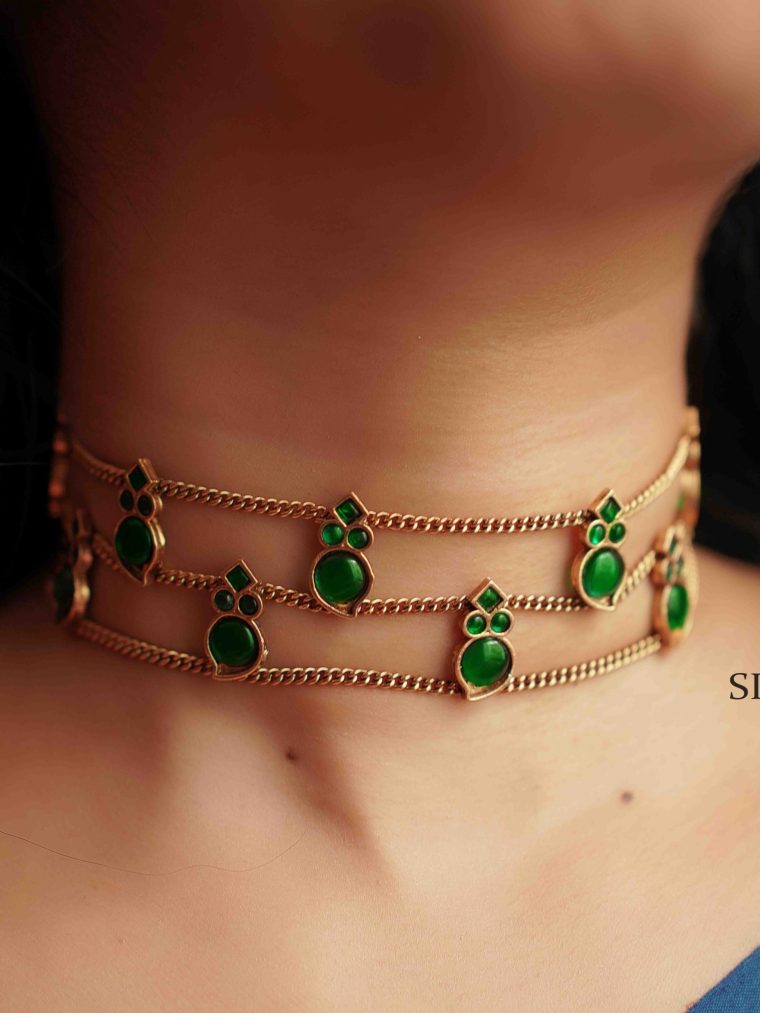 Three Fine Layer Green Stone Choker Set