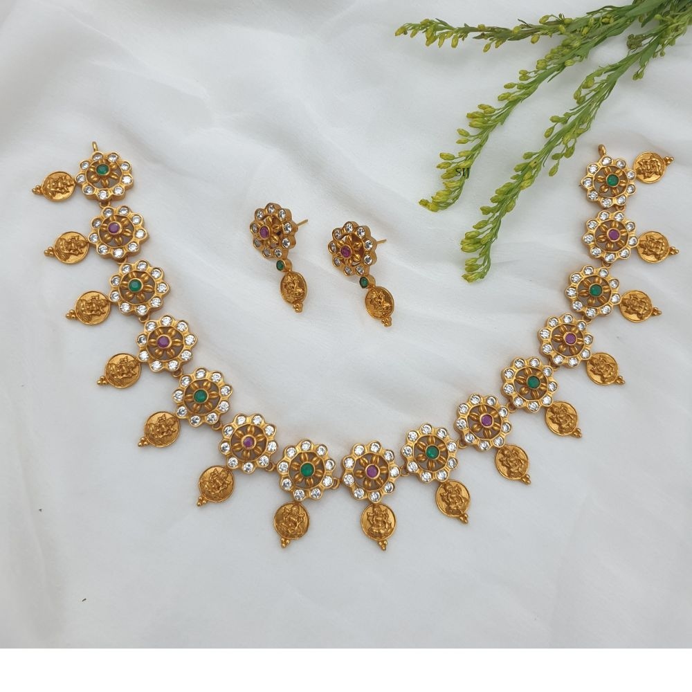 Multi Stones Floral Design Lakshmi Coin Necklace