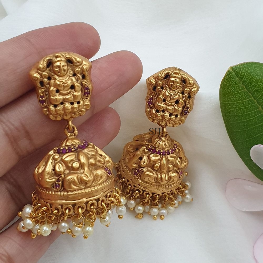 Ruby stone Lakshmi Jhumka with Pearl Hangings