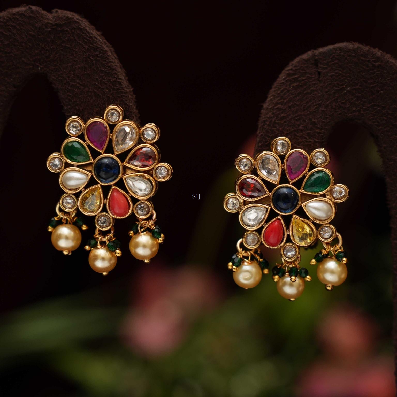 Antique Navaratna Earrings with Pearl Hangings
