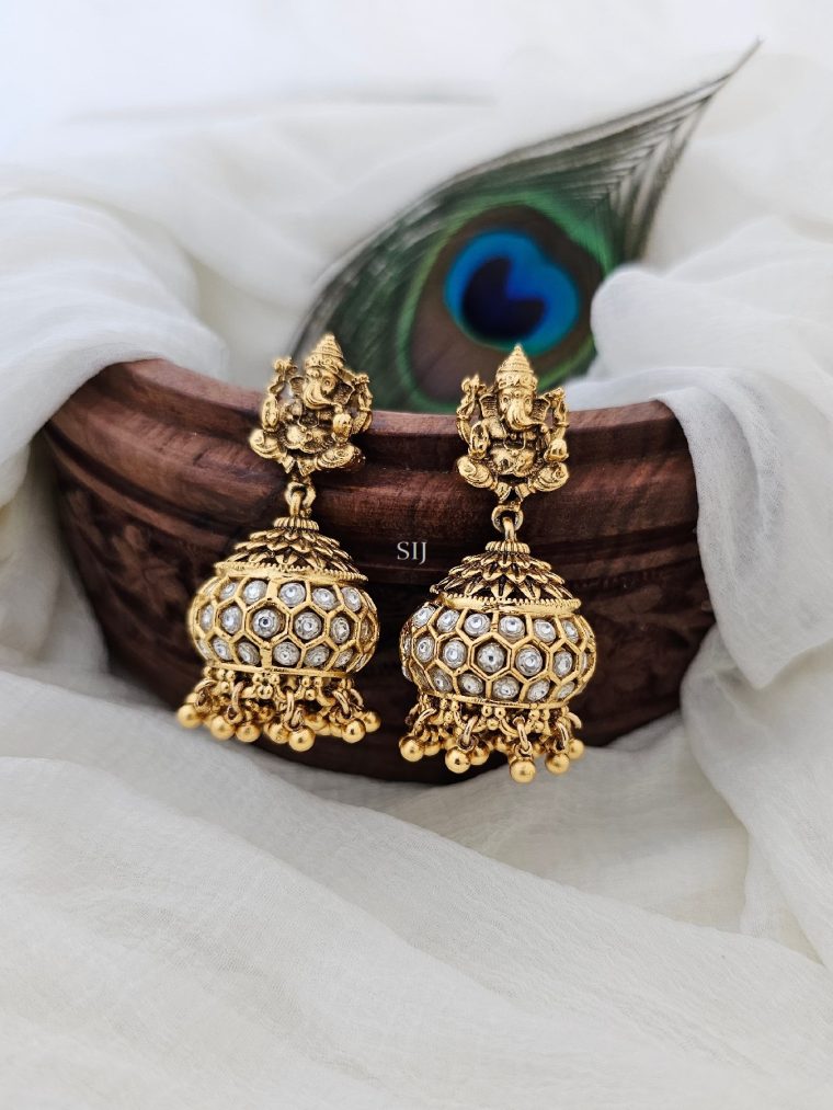 Traditional Ganesh White Stones Jhumkas