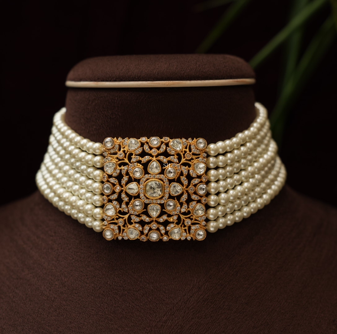 Multi Layers Pearls Choker with Polki Stones Pendant