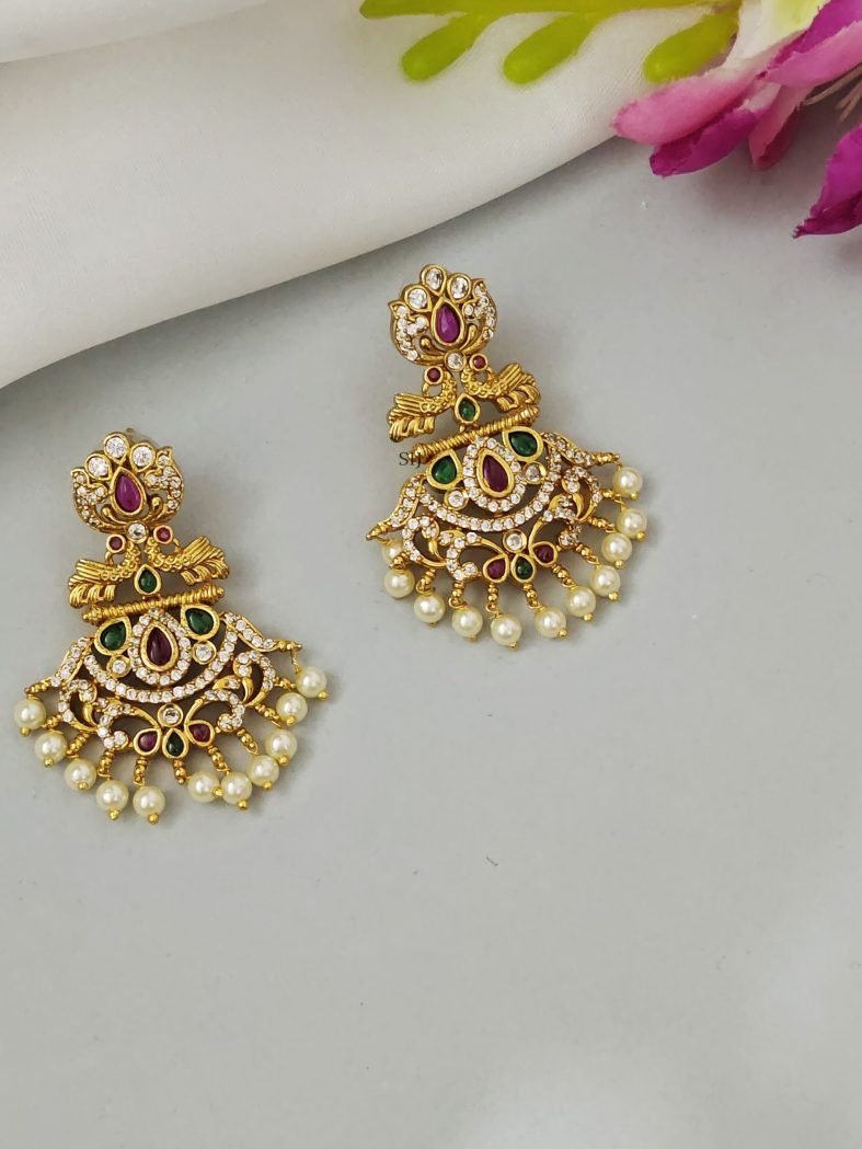 Dual Peacock Kemp and CZ Stones Chandbali Earrings