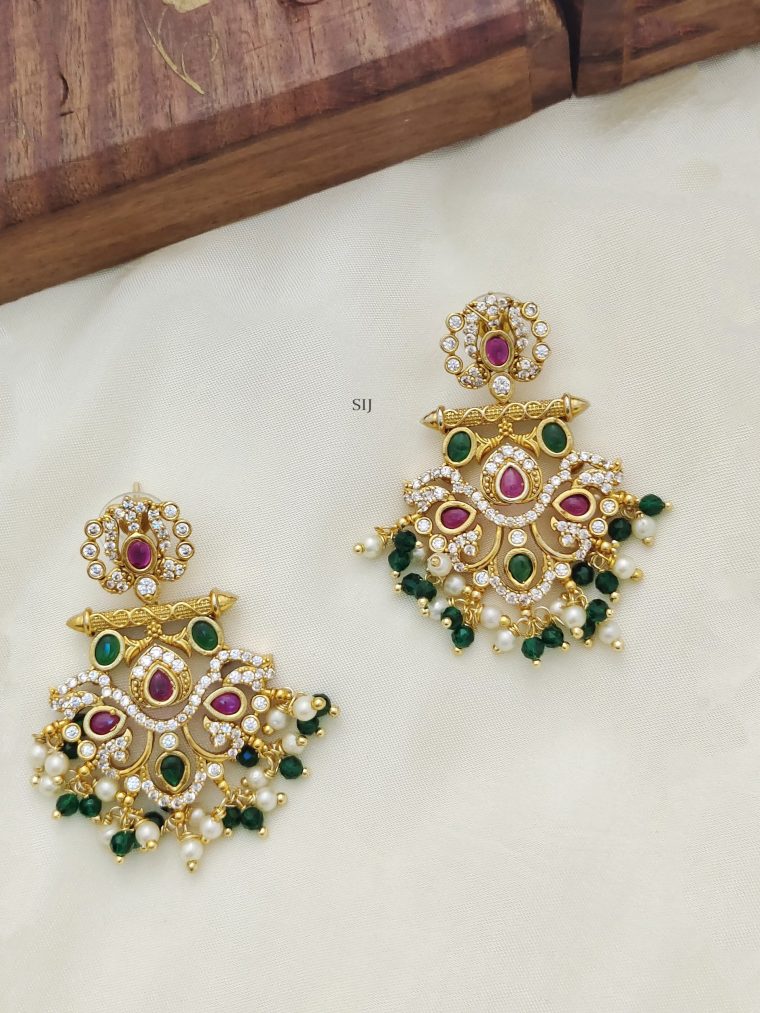 Kemp and CZ Stones Chandbali Earrings with Guttapusalu