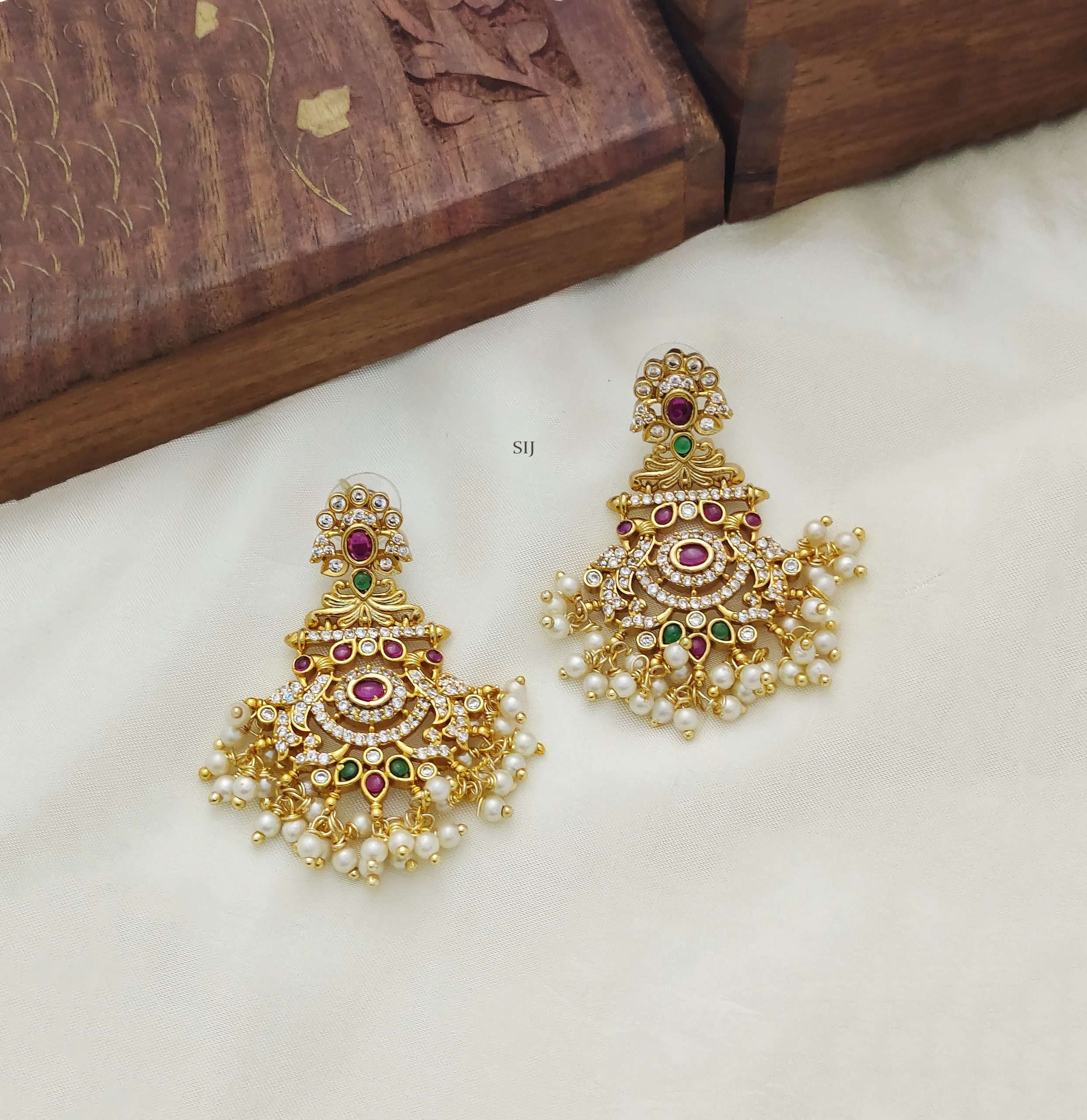 Gold Plated Kemp Peacock Chandbali Earrings with Pearls