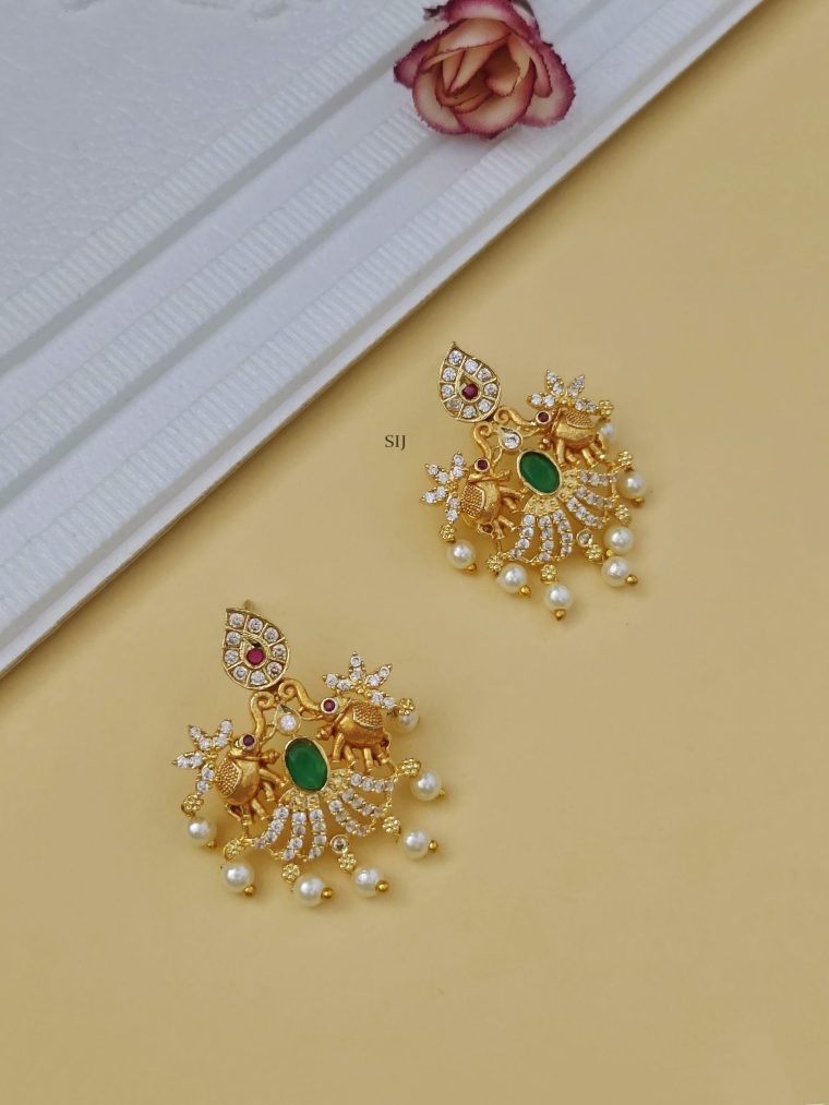 One Gram Gold Dual Elephant CZ Stones Earrings