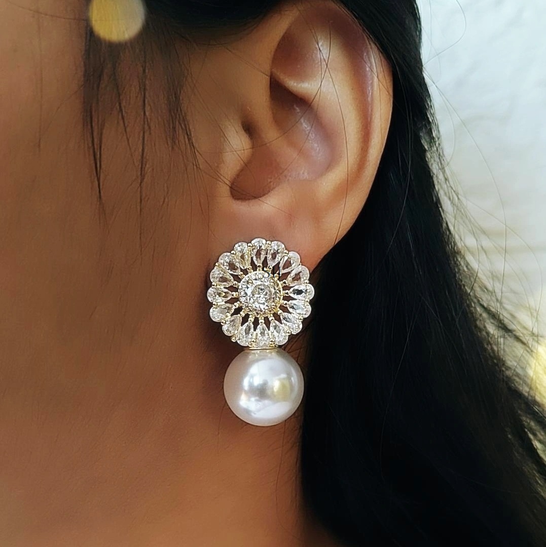 Floral Shaped Gold & Silver Plated Pearl Drop Earrings