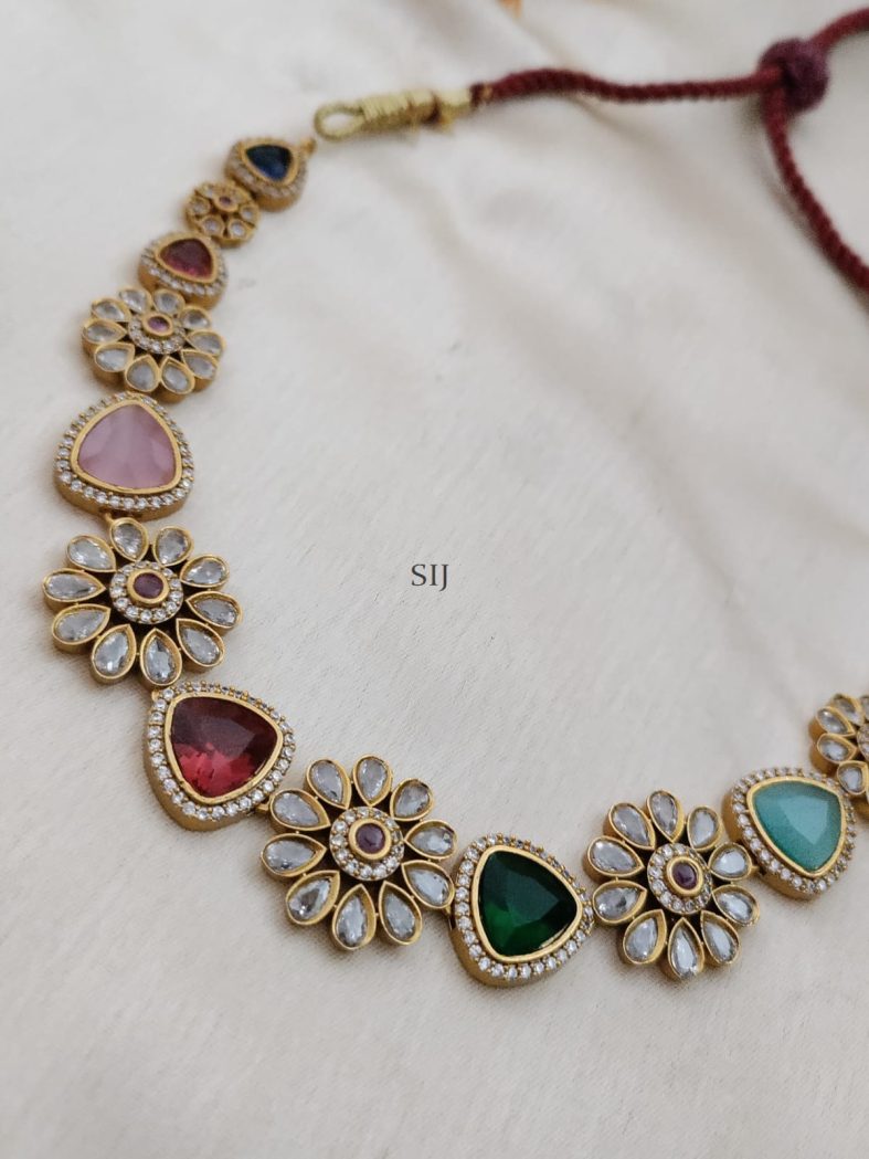 Gold Finish Navaratnam Stone Kundan Necklace