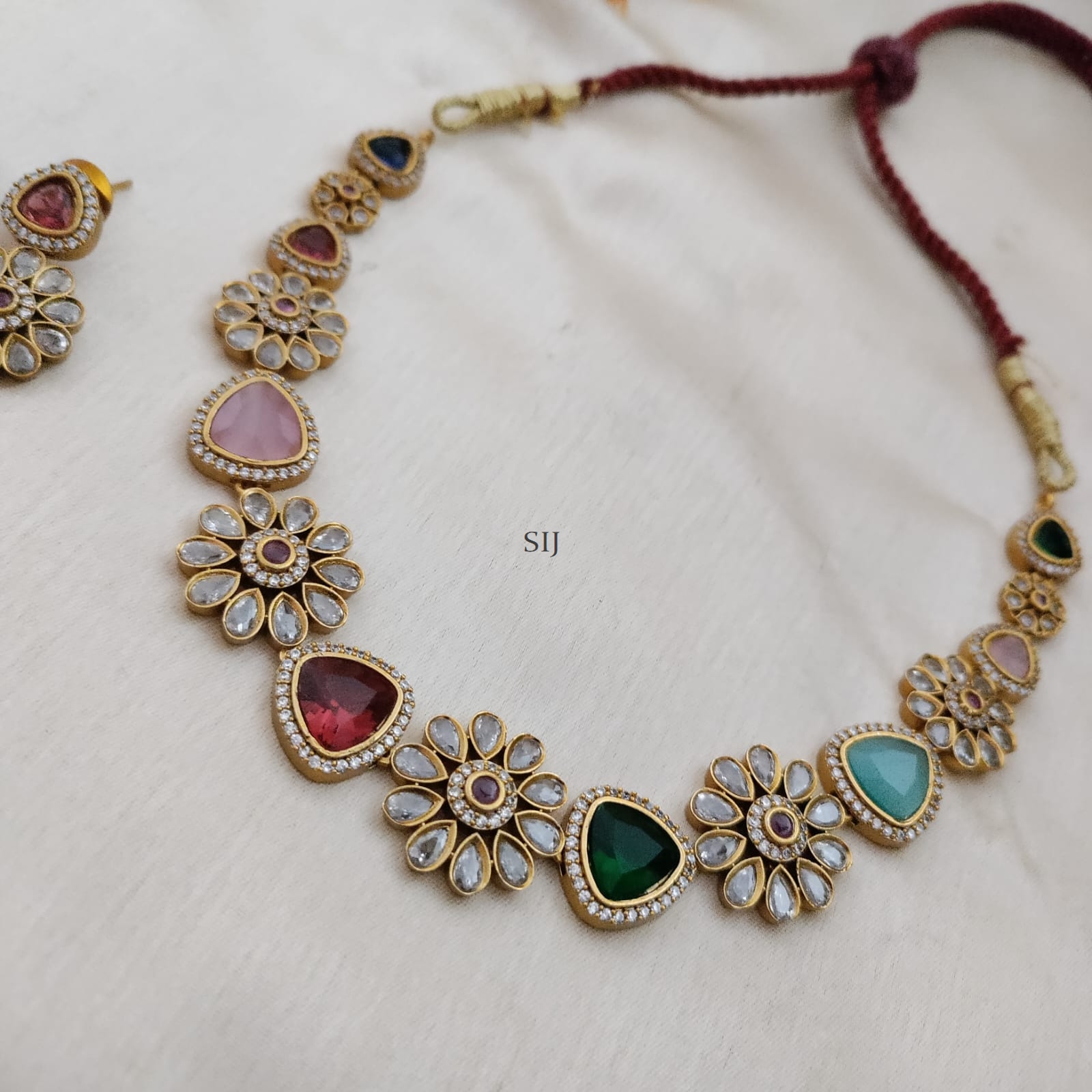 Gold Finish Navaratnam Stone Kundan Necklace